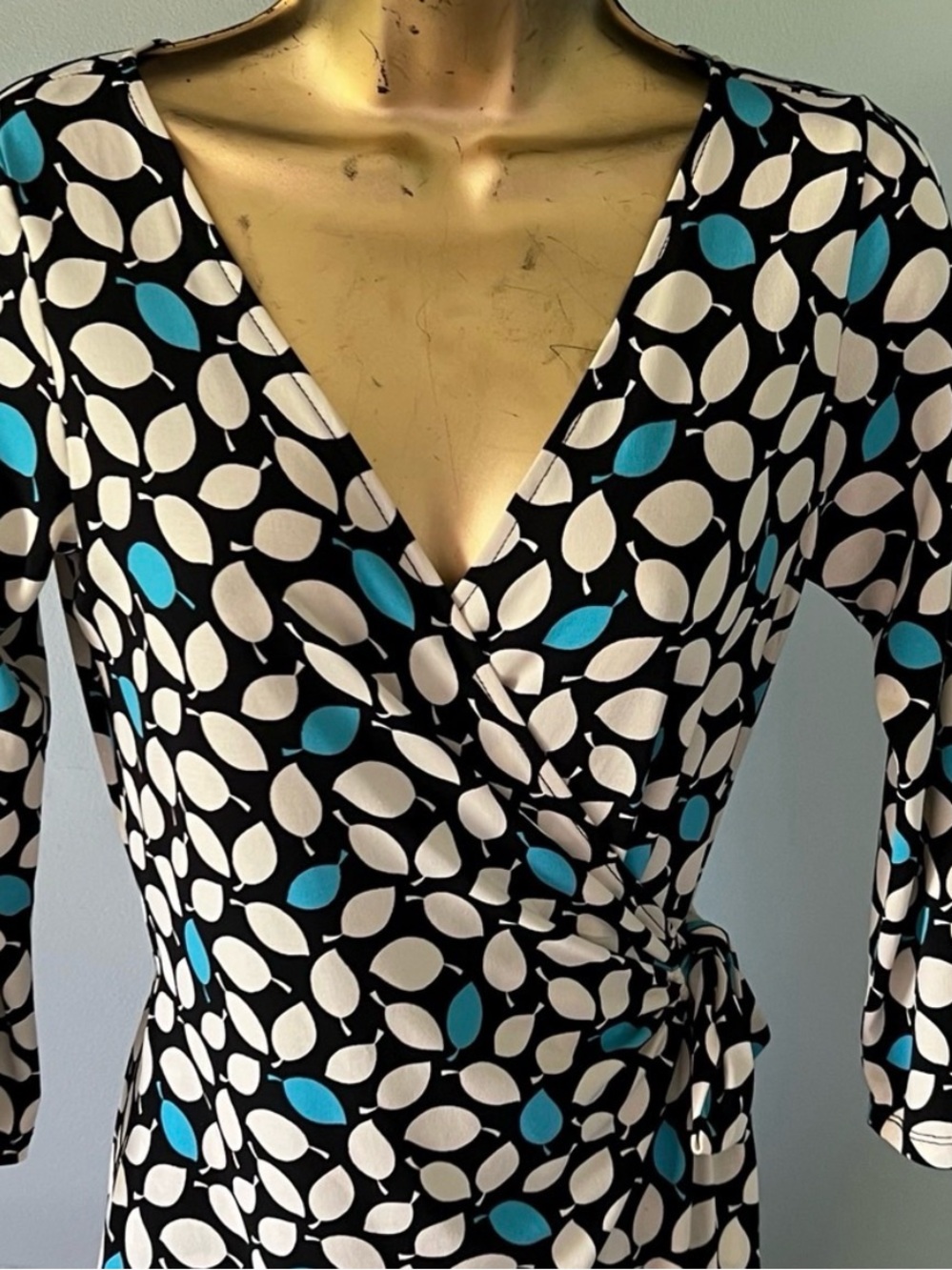 London Times Wrap MIDI Dress in Black, Cream & Teal Size 4 | 3/4 sleeves